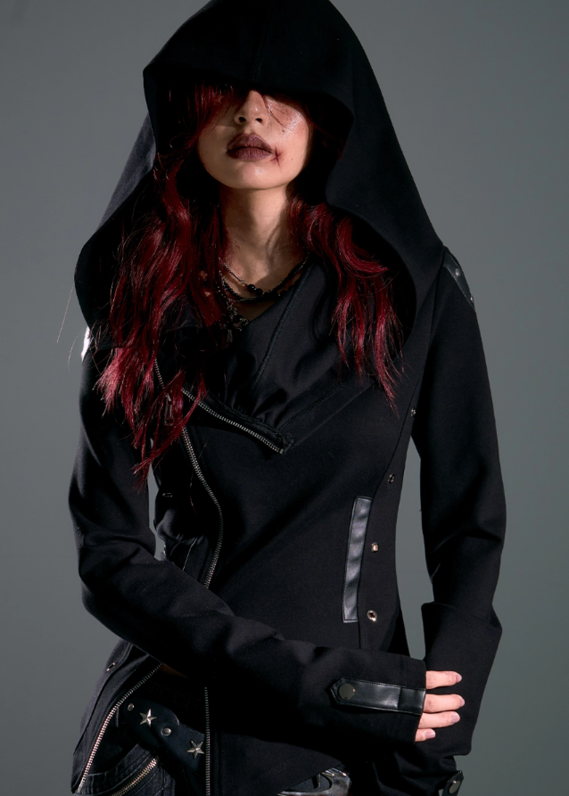 dark punk hooded jacket, asymmetrical zip hoodie women, frustration garden jacket, edgy black knit jacket, gothic slim hooded top, deconstructed hood coat, punk streetwear zip jacket, long sleeve asym hoodie women, dark fashion hoodie, underground street goth jacket