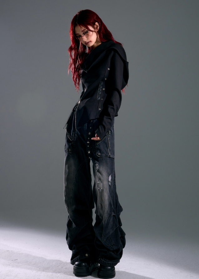 dark punk hooded jacket, asymmetrical zip hoodie women, frustration garden jacket, edgy black knit jacket, gothic slim hooded top, deconstructed hood coat, punk streetwear zip jacket, long sleeve asym hoodie women, dark fashion hoodie, underground street goth jacket