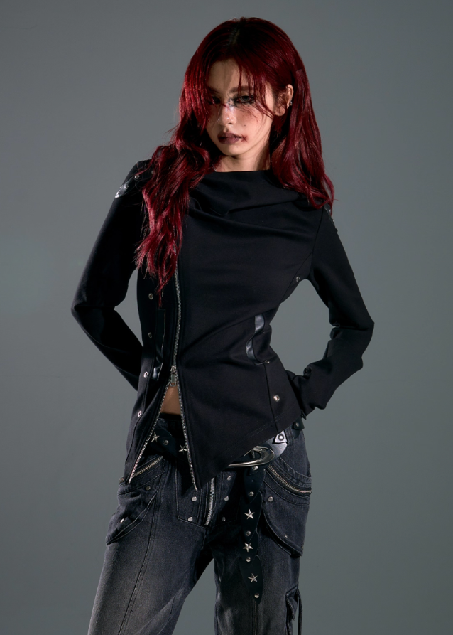 dark punk hooded jacket, asymmetrical zip hoodie women, frustration garden jacket, edgy black knit jacket, gothic slim hooded top, deconstructed hood coat, punk streetwear zip jacket, long sleeve asym hoodie women, dark fashion hoodie, underground street goth jacket