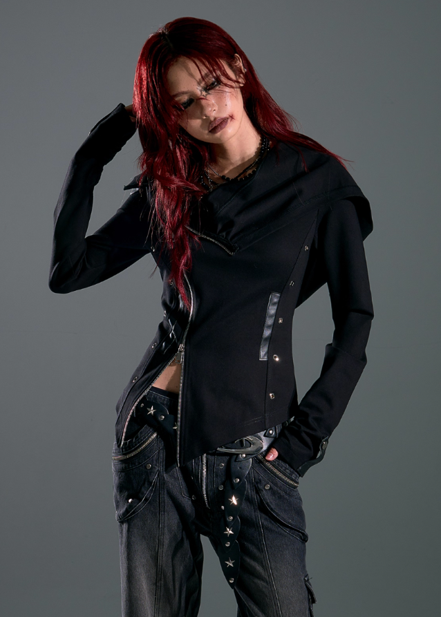 dark punk hooded jacket, asymmetrical zip hoodie women, frustration garden jacket, edgy black knit jacket, gothic slim hooded top, deconstructed hood coat, punk streetwear zip jacket, long sleeve asym hoodie women, dark fashion hoodie, underground street goth jacket