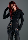 dark punk hooded jacket, asymmetrical zip hoodie women, frustration garden jacket, edgy black knit jacket, gothic slim hooded top, deconstructed hood coat, punk streetwear zip jacket, long sleeve asym hoodie women, dark fashion hoodie, underground street goth jacket