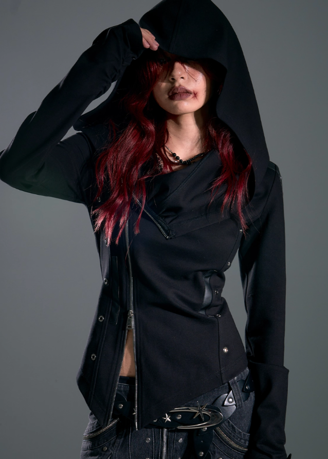 dark punk hooded jacket, asymmetrical zip hoodie women, frustration garden jacket, edgy black knit jacket, gothic slim hooded top, deconstructed hood coat, punk streetwear zip jacket, long sleeve asym hoodie women, dark fashion hoodie, underground street goth jacket