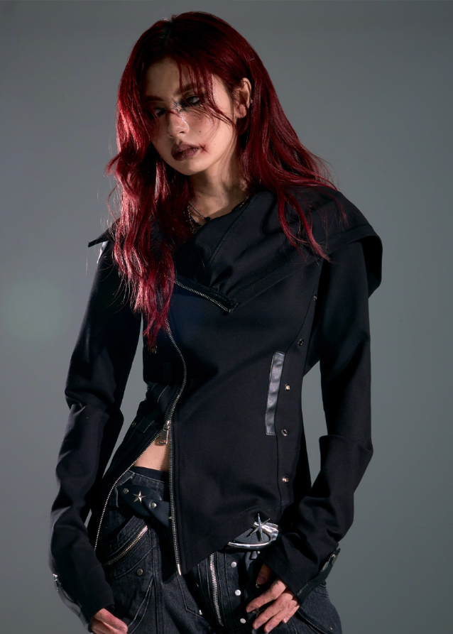 dark punk hooded jacket, asymmetrical zip hoodie women, frustration garden jacket, edgy black knit jacket, gothic slim hooded top, deconstructed hood coat, punk streetwear zip jacket, long sleeve asym hoodie women, dark fashion hoodie, underground street goth jacket