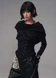 gothic hooded corset top, dark jacquard knit top, frustration garden top, lace up waist long sleeve, occult fashion hooded top, avant garde hood knit, gothic emo top women, deconstructed hood shirt, punk romantic knitwear, herringbone lace up blouse
