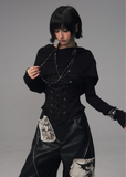 gothic hooded corset top, dark jacquard knit top, frustration garden top, lace up waist long sleeve, occult fashion hooded top, avant garde hood knit, gothic emo top women, deconstructed hood shirt, punk romantic knitwear, herringbone lace up blouse