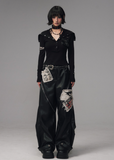 punk leather pants women, grunge patchwork trousers, raw edge leather cargo pants, frustration garden pants, heavy zip punk pants, gothic streetwear leather trousers, rivet wide leg pants, industrial punk pants women, destroyed patch leather pants, edgy black wide leg pants