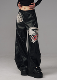 punk leather pants women, grunge patchwork trousers, raw edge leather cargo pants, frustration garden pants, heavy zip punk pants, gothic streetwear leather trousers, rivet wide leg pants, industrial punk pants women, destroyed patch leather pants, edgy black wide leg pants