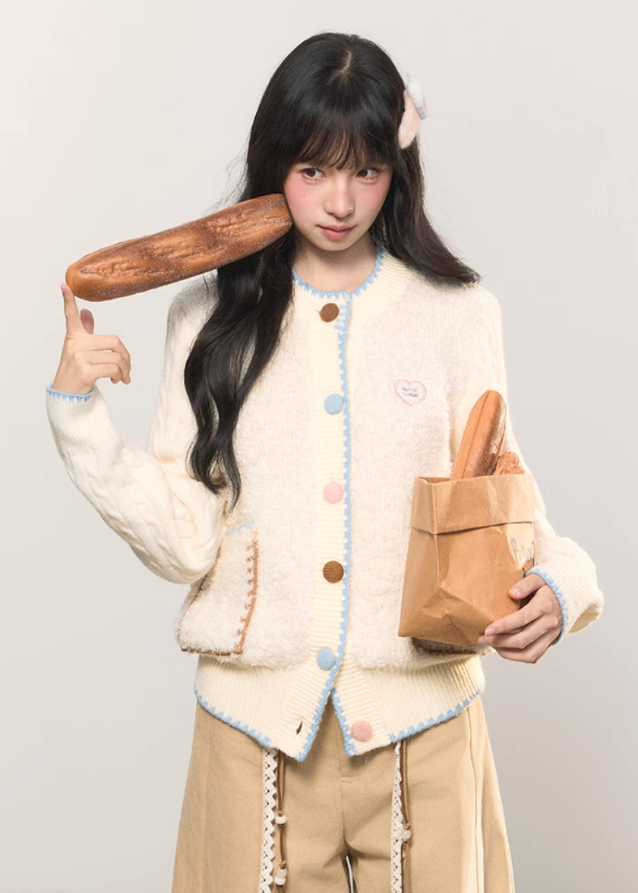 retro pastel cardigan, sweet contrast knit, colorful button cardigan, Korean girly fashion, AW knitwear, fluffy cream knit, soft cozy retro sweater, umoumo aesthetic, girly pastel cardigan, contrast trim knit jacket, embroidered heart cardigan, autumn winter Korean style, warm woolen cardigan girl, pastel cable knit, cute trendy knitwear, Fragileheart soft mood, cozy cute cardigan, pastel colorblock knit top, Korean sweet girl outfit