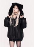 edgy leather jacket, cat ear hood bomber, VOCK dark streetwear, faux leather heavy jacket, punk fur collar hoodie, gothic cat ear coat, oversized black bomber, winter warm thick jacket, darkwear aesthetic, cyberpunk street jacket, grunge hooded outerwear, couple matching edgy jacket, warm padded leather jacket, VOCK brand style, fierce street fashion, gothic winter coat, punk girl jacket, hooded faux fur bomber