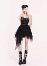 punk mesh dress, gothic asymmetrical dress, cross back gothic coat, VOCK punk outfit set, irregular mesh puffy dress, edgy rock band style dress, dark streetwear dress set, gothic punk short coat, black mesh layered dress, grunge girl outfit, punk gothic fashion, cross emblem jacket, VOCK aesthetic clothing, irregular hem dress, alternative streetwear outfit, punk rock girl dress, mesh punk dress set, dark grunge mini dress, gothic fashion set