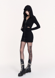 black hooded bodycon dress, gothic hood mini dress, dark streetwear dress, VOCK slim fit dress, punk girl hooded outfit, assassin style mini dress, hip-hugging black dress, edgy street girl fashion, hooded sweatshirt dress, gothic minimal dress, cyber goth mini dress, slimming hood dress, black tight mini dress, dark femme street style, VOCK aesthetic clothing, punk hood base skirt, sleek gothic dress, spicy girl black dress, streetcore hooded mini