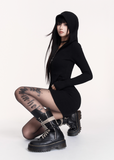 black hooded bodycon dress, gothic hood mini dress, dark streetwear dress, VOCK slim fit dress, punk girl hooded outfit, assassin style mini dress, hip-hugging black dress, edgy street girl fashion, hooded sweatshirt dress, gothic minimal dress, cyber goth mini dress, slimming hood dress, black tight mini dress, dark femme street style, VOCK aesthetic clothing, punk hood base skirt, sleek gothic dress, spicy girl black dress, streetcore hooded mini