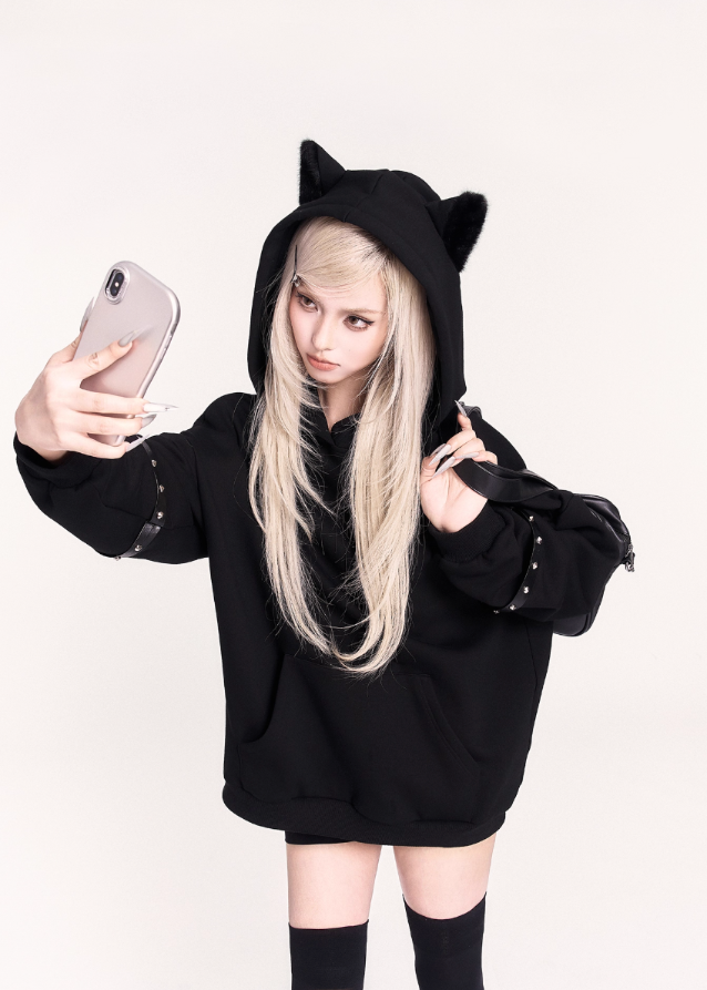 black cat ear hoodie, gothic cat hoodie, VOCK dark streetwear, oversized plush hooded sweatshirt, punk kawaii cat ear top, oversized black hoodie girl, dark cute street style, goth plush hoodie, edgy oversized sweatshirt, cat ear streetcore hoodie, VOCK aesthetic clothing, unisex gothic hoodie, Japanese dark cute fashion, black lazy hoodie, gothic girl oversized top, punk cat ear fashion, warm plush black hoodie, darkwear hoodie girl