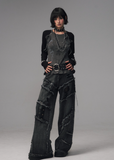 Fragileheart distressed jeans, lace-up denim pants, streetpunk fashion, raw edge wide-leg jeans, washed frayed denim, Y2K grunge jeans, heavy work jeans women, vintage street style pants, edgy Korean fashion, deconstructed denim