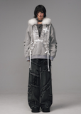 faux fur collar hoodie, detachable fur hood sweatshirt, lace-up streetwear hoodie, punk graphic hoodie, distressed print hoodie, winter oversized fleece jacket, edgy asian street style hoodie, grunge lace-up sweatshirt, FRAGILEHEART hoodie, women’s fur trim sweatshirt, urban punk winter top, grey graphic hoodie women, y2k fur hood jacket