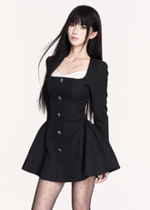 gothic little black dress, VOCK dark elegance dress, French square neck mini dress, slimming waist puff skirt dress, gothic Hepburn-style dress, dark femme structured dress, black puff skirt mini, VOCK aesthetic LBD, gothic contour dress, French temperament black dress, waist-cinched mini dress, elegant dark street fashion, gothic chic mini dress, square neck black mini, aristocratic gothic outfit