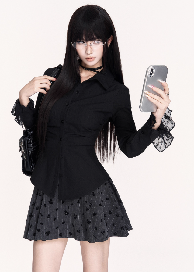 dark academia shirt, gothic fitted blouse, waist cinched long sleeve top, VOCK college girl style, lace cuff black shirt, slimming waist shirt top, dark street academia fashion, gothic office shirt, striped lace detail blouse, VOCK aesthetic clothing, sharp waist fitted top, gothic girly shirt, black button up darkwear, edgy college outfit top, dark feminine blouse