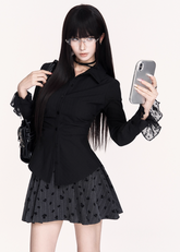 dark academia shirt, gothic fitted blouse, waist cinched long sleeve top, VOCK college girl style, lace cuff black shirt, slimming waist shirt top, dark street academia fashion, gothic office shirt, striped lace detail blouse, VOCK aesthetic clothing, sharp waist fitted top, gothic girly shirt, black button up darkwear, edgy college outfit top, dark feminine blouse