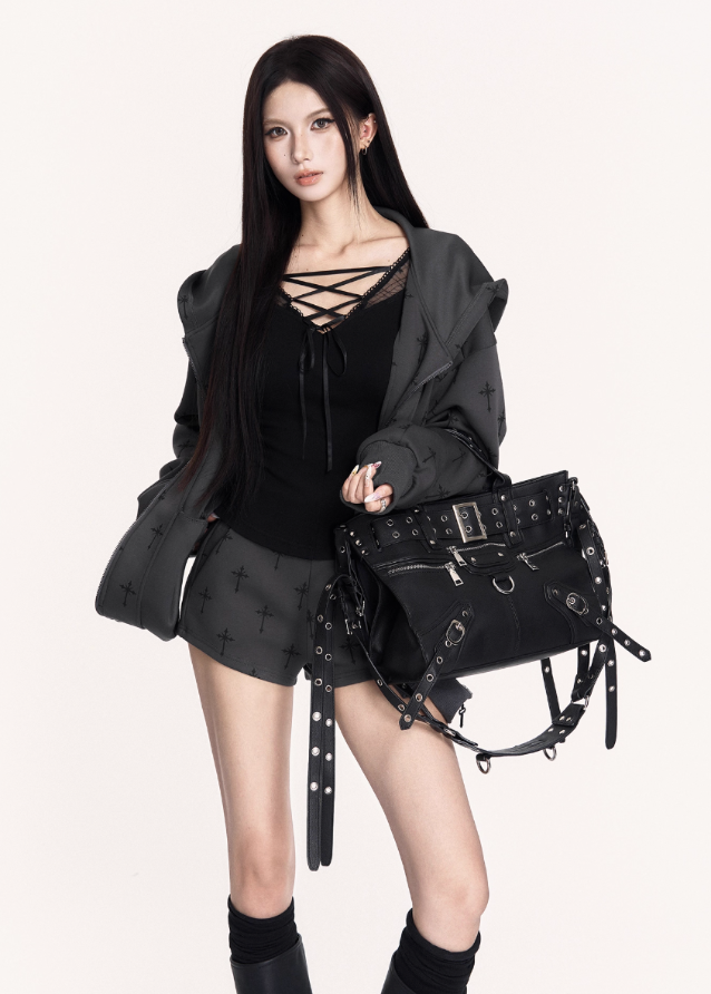 gothic hoodie set, cross print two piece outfit, VOCK streetwear set, dark casual sports set, oversized hoodie and shorts, lazy hot girl street style, gothic print hoodie, punk wide leg shorts set, dark street fashion, unisex dark hoodie set, VOCK aesthetic outfit, casual goth twinset, streetcore sporty set, grunge hoodie and shorts, black printed hoodie girl, edgy comfy streetwear, gothic casual outfit set