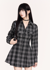 dark plaid dress, backless lace up dress, gothic tartan mini dress, VOCK dark academia style, strappy back shirt dress, slimming waist plaid dress, punk plaid shirt mini, edgy backless plaid outfit, gothic schoolgirl dress, lace back check dress, VOCK aesthetic dress, dark streetwear mini dress, punk girl tartan dress, cutout waist plaid dress, gothic plaid long sleeve dress, dark femme shirt dress, grunge plaid mini