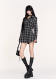 dark plaid dress, backless lace up dress, gothic tartan mini dress, VOCK dark academia style, strappy back shirt dress, slimming waist plaid dress, punk plaid shirt mini, edgy backless plaid outfit, gothic schoolgirl dress, lace back check dress, VOCK aesthetic dress, dark streetwear mini dress, punk girl tartan dress, cutout waist plaid dress, gothic plaid long sleeve dress, dark femme shirt dress, grunge plaid mini