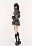 dark plaid dress, backless lace up dress, gothic tartan mini dress, VOCK dark academia style, strappy back shirt dress, slimming waist plaid dress, punk plaid shirt mini, edgy backless plaid outfit, gothic schoolgirl dress, lace back check dress, VOCK aesthetic dress, dark streetwear mini dress, punk girl tartan dress, cutout waist plaid dress, gothic plaid long sleeve dress, dark femme shirt dress, grunge plaid mini