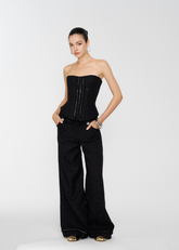 black tweed suit set, 3 piece women’s suit, chic corset and jacket set, French style two-way suit, modern stylish outfit, 4muggle luxury set, slimming high waist pants, urban lady elegant fashion, stylish black trousers suit, French chic wool set, sexy tube top suit, classy corset suit set, fashion city girl look, black moonlight outfit, evening fashion woman