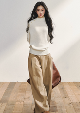 7Shiftin trousers, khaki wide leg pants, Korean loose drape slacks, straight leg suit pants, low-rise tailored trousers, relaxed chic style pants, neutral tone casual pants, modern Korean fashion bottom, wide leg city pants women, stylish draped slacks, senior suit trousers, everyday Korean chic outfit