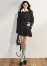 7Shiftin padded suit set, faux two piece set women, Korean style two piece outfit, preppy mini skirt set, K-fashion padded jacket, layered collar jacket set, winter two piece set women, pleated skirt suit set, Korean college look, high street style outfit