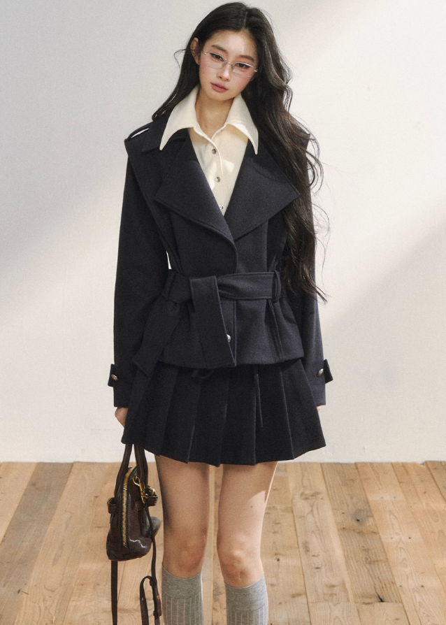 7Shiftin padded suit set, faux two piece set women, Korean style two piece outfit, preppy mini skirt set, K-fashion padded jacket, layered collar jacket set, winter two piece set women, pleated skirt suit set, Korean college look, high street style outfit