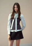 polka dot bow tie blouse, Korean pleated skirt set, ribbon collar top and skirt, K fashion two piece outfit, cute dot blouse women, winter pleated mini skirt set, layered patchwork blouse, feminine Korean outfit, school style skirt set, dot print ribbon blouse