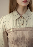 polka dot bow tie blouse, Korean pleated skirt set, ribbon collar top and skirt, K fashion two piece outfit, cute dot blouse women, winter pleated mini skirt set, layered patchwork blouse, feminine Korean outfit, school style skirt set, dot print ribbon blouse
