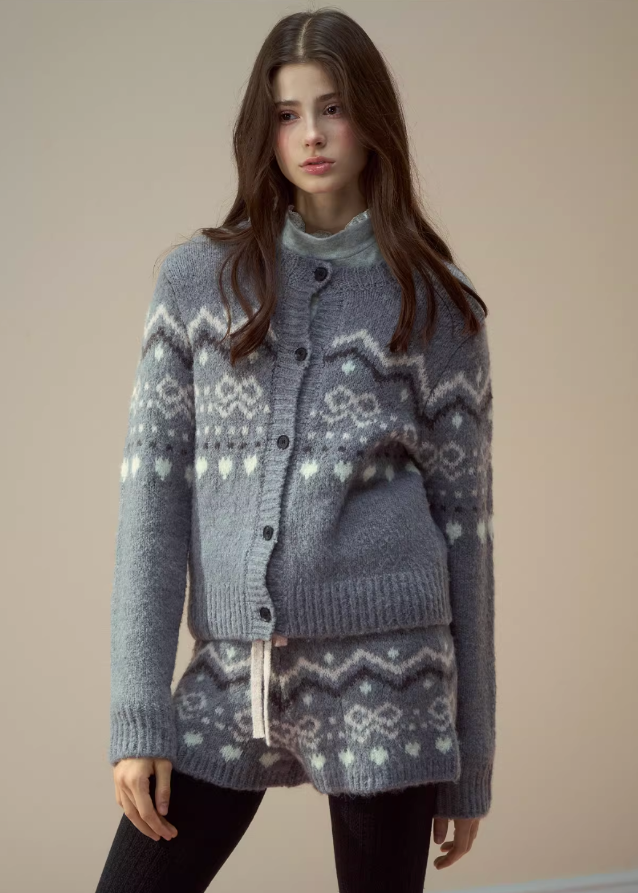 SunsetPark knit set, fair isle cardigan, cozy winter knit outfit, soft girly knitwear, warm scarf and shorts set, feminine winter fashion, cute Korean knit set, fair isle patterned jacket, winter cozy three-piece, fairy tale knitwear, pastel knit outfit, warm wool blend cardigan, AW Korean cute style, Christmas fair isle knit set