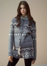 SunsetPark knit set, fair isle cardigan, cozy winter knit outfit, soft girly knitwear, warm scarf and shorts set, feminine winter fashion, cute Korean knit set, fair isle patterned jacket, winter cozy three-piece, fairy tale knitwear, pastel knit outfit, warm wool blend cardigan, AW Korean cute style, Christmas fair isle knit set