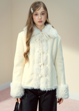 SunsetPark winter jacket, vintage suede fur coat, fuzzy horn button jacket, eco fur lapel coat, cozy winter suede jacket, feminine retro outerwear, Korean girly winter look, warm fuzzy lapel top, brown suede fur coat, ivory suede fur jacket, cute winter fashion, soft warm fleece jacket, AW Korean cozy outerwear
