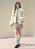 SunsetPark winter jacket, vintage suede fur coat, fuzzy horn button jacket, eco fur lapel coat, cozy winter suede jacket, feminine retro outerwear, Korean girly winter look, warm fuzzy lapel top, brown suede fur coat, ivory suede fur jacket, cute winter fashion, soft warm fleece jacket, AW Korean cozy outerwear