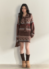 SunsetPark knit set, puppy fair isle sweater, vintage preppy knit outfit, cute winter knit set, Korean girly knitwear, warm cozy knit two piece, fair isle dog pattern sweater, puppy pattern cardigan and skirt, AW preppy knit style, feminine winter clothing, soft warm knit outfit, cute college girl knit set, brown fair isle knit, ivory fair isle knit