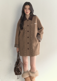 SunsetPark wool coat, vintage college coat, khaki houndstooth coat, lace trim wool jacket, feminine winter outerwear, cozy Korean preppy coat, warm wool dress coat, girly vintage coat, autumn winter cute coat, lace fungus trim coat, soft preppy winter outfit, warm khaki coat women