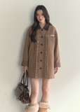 SunsetPark wool coat, vintage college coat, khaki houndstooth coat, lace trim wool jacket, feminine winter outerwear, cozy Korean preppy coat, warm wool dress coat, girly vintage coat, autumn winter cute coat, lace fungus trim coat, soft preppy winter outfit, warm khaki coat women