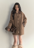 SunsetPark wool coat, vintage college coat, khaki houndstooth coat, lace trim wool jacket, feminine winter outerwear, cozy Korean preppy coat, warm wool dress coat, girly vintage coat, autumn winter cute coat, lace fungus trim coat, soft preppy winter outfit, warm khaki coat women