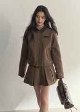 SunsetPark two-piece set, houndstooth jacket and skirt, reversible winter jacket, vintage college outfit, girly pleated skirt set, Korean preppy fashion, warm autumn outfit women, retro plaid set, soft cozy Korean style, houndstooth pleated skirt, reversible campus jacket, cute winter matching set, feminine vintage style clothing