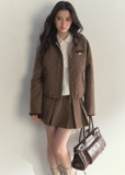 SunsetPark two-piece set, houndstooth jacket and skirt, reversible winter jacket, vintage college outfit, girly pleated skirt set, Korean preppy fashion, warm autumn outfit women, retro plaid set, soft cozy Korean style, houndstooth pleated skirt, reversible campus jacket, cute winter matching set, feminine vintage style clothing