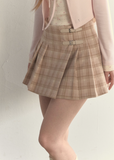 SunsetPark pleated skirt, brown plaid mini skirt, pink buckle skirt, vintage check skirt, Korean girly bottom, warm winter skirt, soft preppy plaid skirt, cute buckle detail skirt, college girl plaid mini, feminine Korean fashion, autumn winter cute skirt, vintage brown plaid pleated skirt