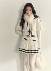 SunsetPark knit set, navy collar knit cape, vintage sailor outfit, twist knit sweater set, winter pleated skirt set, feminine old-fashioned style, cozy Korean winter knit, cream sailor knit top, navy trim pleated skirt, romantic winter outfit, girly vintage knitwear, classic sailor collar set, AW Korean fashion set