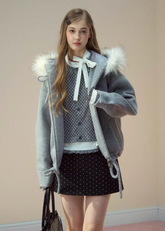 SunsetPark winter jacket, fur collar wool coat, cozy girly winter top, pink gray wool jacket, soft fluffy collar coat, Korean cute winter outerwear, warm cozy woolen jacket, feminine winter coat women, pastel winter jacket, AW soft wool coat, fluffy trim hood coat, cute Korean warm jacket, winter romantic outfit