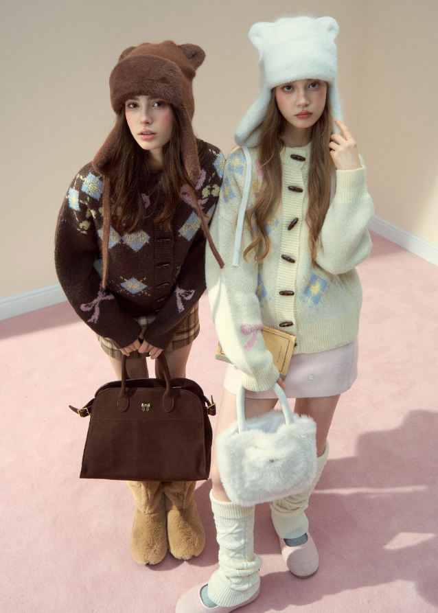 SunsetPark wool jacket, bow fair isle knit, horn button cardigan, girly winter knitwear, soft cozy wool sweater, Korean cute winter jacket, ribbon pattern knit, fair isle bow cardigan, feminine warm knit top, winter soft girl outfit, cute fair isle sweater, AW Korean fashion knitwear