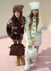 SunsetPark wool jacket, bow fair isle knit, horn button cardigan, girly winter knitwear, soft cozy wool sweater, Korean cute winter jacket, ribbon pattern knit, fair isle bow cardigan, feminine warm knit top, winter soft girl outfit, cute fair isle sweater, AW Korean fashion knitwear