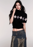 LuluSwings argyle knit top, cropped high neck sweater, preppy chic knitwear, trendy argyle short sleeve, Korean stylish knit top, modern preppy crop shirt, rhombus pattern knit, trendy nerd style top, black argyle cropped knit, city girl knitwear, AW casual chic tops, stylish Korean winter layering top
