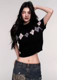 LuluSwings argyle knit top, cropped high neck sweater, preppy chic knitwear, trendy argyle short sleeve, Korean stylish knit top, modern preppy crop shirt, rhombus pattern knit, trendy nerd style top, black argyle cropped knit, city girl knitwear, AW casual chic tops, stylish Korean winter layering top