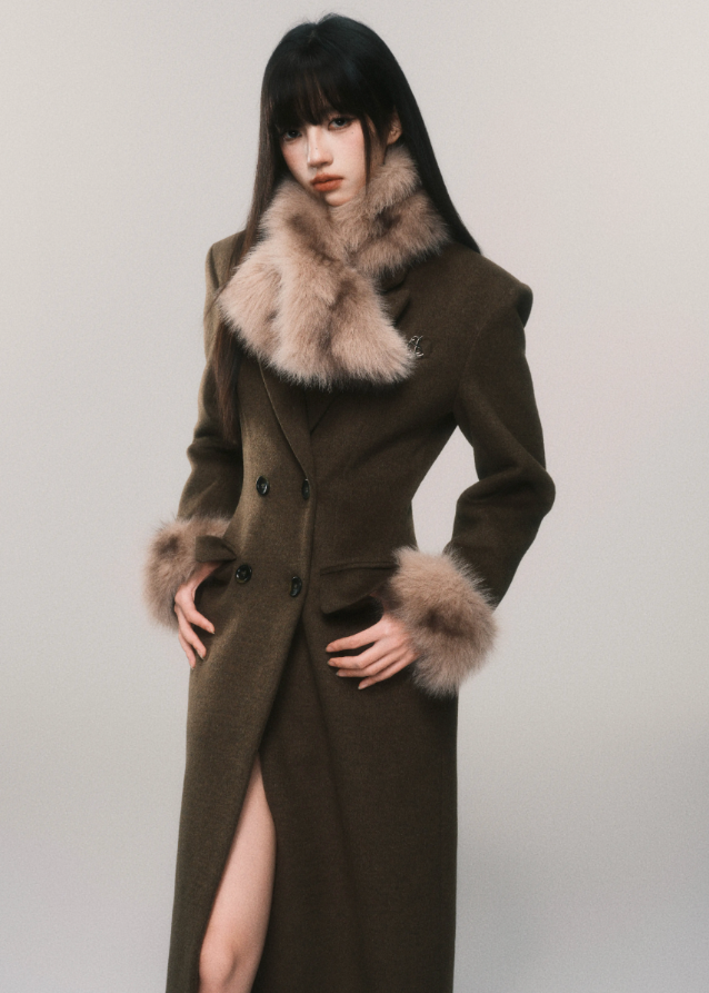 LuluSwings tweed coat, hourglass waist long coat, fur collar tweed jacket, detachable scarf coat, retro elegant wool coat, Korean stylish winter outerwear, luxury city girl coat, sculpted waist tweed coat, brown fur trim long coat, high fashion winter jacket, AW stylish coat women, chic fur cuff coat